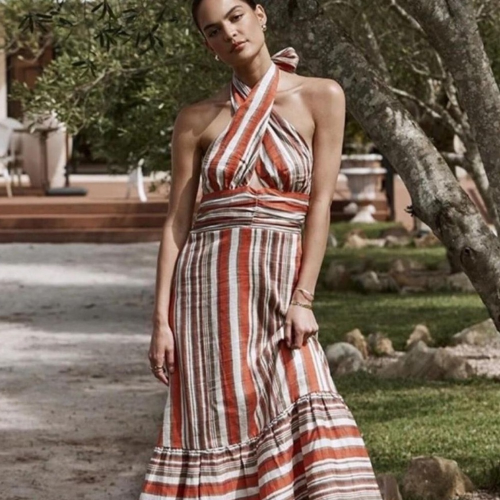 NWT DISSH Frida Striped Halter Linen Blend Midi Dress